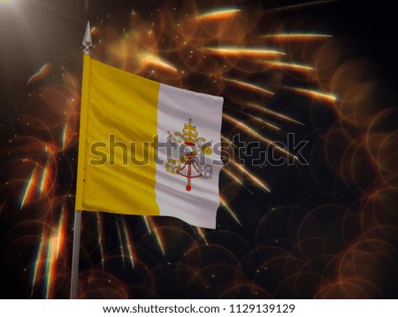 Flag of the Vatican City with fireworks display in the background
