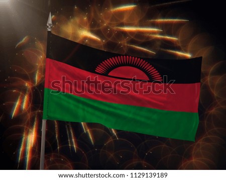 Flag of Malawi with fireworks display in the background