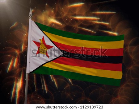 Flag of Zimbabwe with fireworks display in the background
