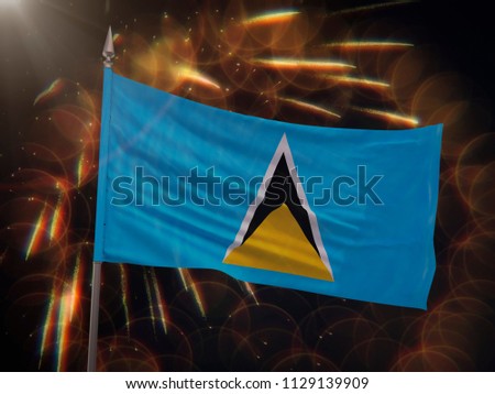 Flag of Saint Lucia with fireworks display in the background