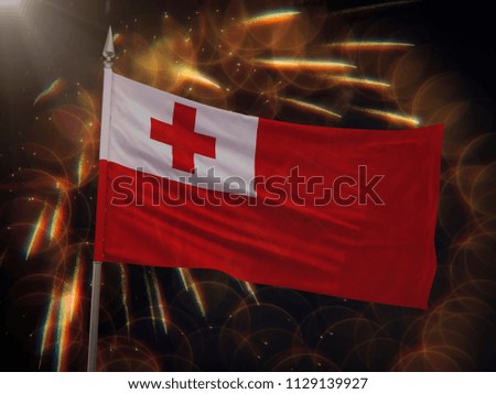 Flag of Tonga with fireworks display in the background