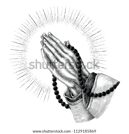 Praying hand drawing with rays vintage clip art isolated on white background