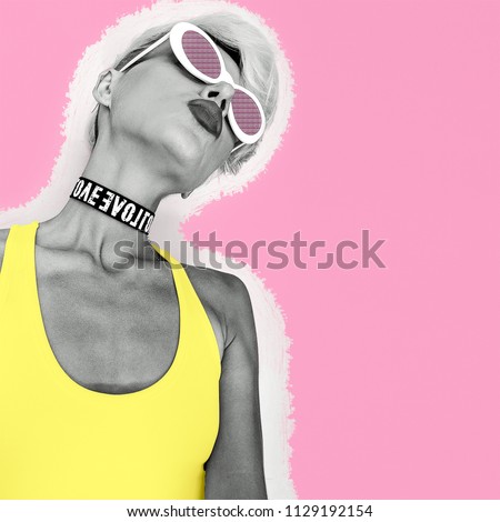 Tomboy Party Girl in fashion accessories sunglasses and chokers. Collage art Royalty-Free Stock Photo #1129192154