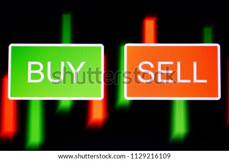 Stylized buttons BUY and SELL on the monitor screen