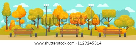 Cartoon autumn park panorama. Autumnal city parks road street with yellow and red trees outdoor walkway bench. Fall street tree path panoramic landscape september colorful vector background