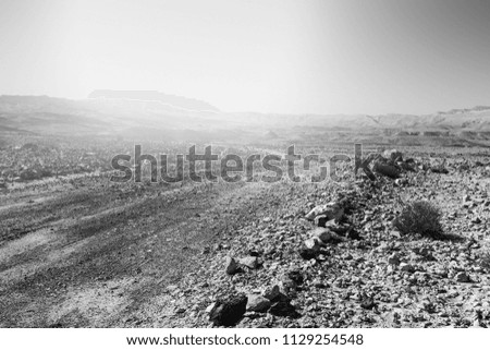 Rocky hills of the Negev Desert in Israel at sunrise. Breathtaking landscape of the desert rock formations in the Southern Israel Desert. Black and white picture