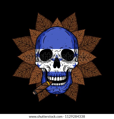 Skull with cigar, tobacco leaves and flag of Honduras, country of cigar importer.