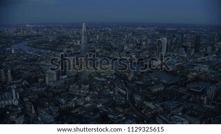 London business center at night aerial view