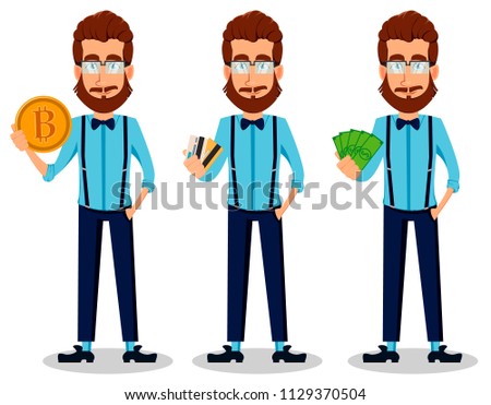 Young bearded hipster man in glasses, set of three poses. Handsome cartoon character holding bitcoin, holding credit cards and holding money. Vector illustration