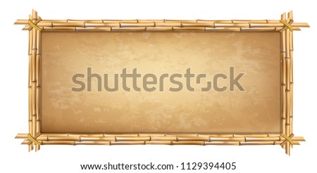 Wooden frame made of brown bamboo sticks with higly detailed vintage paper blank or canvas. Worn papyrus template, old grungy poster with space for text. clip art isolated on white background.