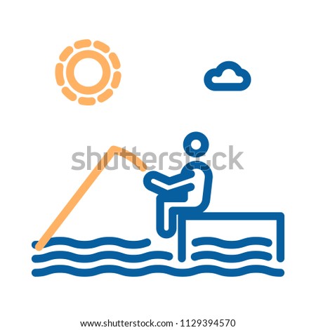 Fisherman outdoors fishing and trying to catch fish in the water. Vector thin line icon illustration for outdoor activities and free time