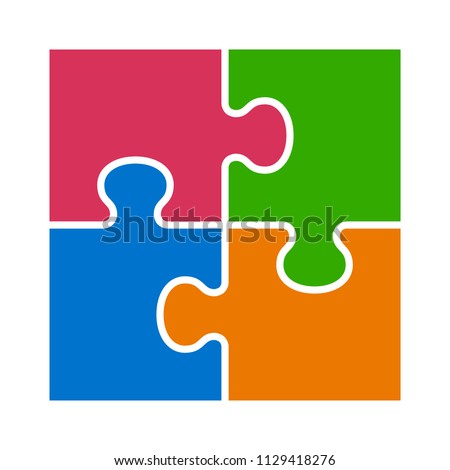 Square four pieces of jigsaw puzzle or teamwork concept flat vector color icon for apps and websites