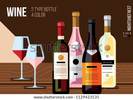 Set of Wine Bottles with Glasses in Flat Vector Illustration