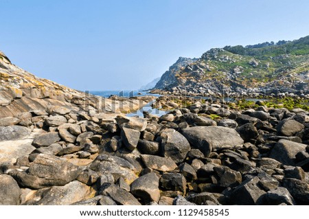 Rocks pn Cies Islands seaside. Vigo, Pontevedra Spain