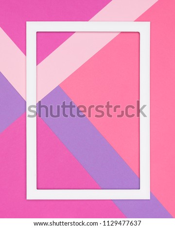Abstract geometrical pastel pink and ultra violet paper flat lay background. Minimalism and geometry template with empty picture frame mock up.
