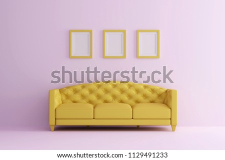 a yellow sofa in pink living room with picture frame. Minimal style concept. pastel color style. 