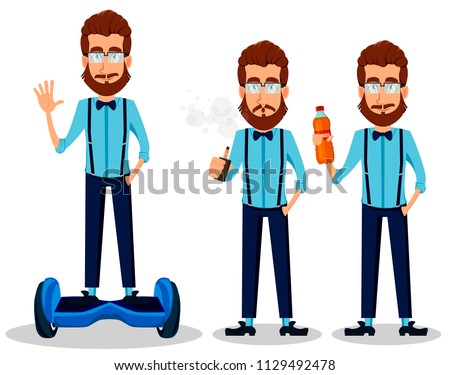 Young bearded hipster man in glasses, set of three poses. Handsome cartoon character riding a gyroscooter, smoking electronic cigarette and holding a bottle of cold drink. Vector illustration