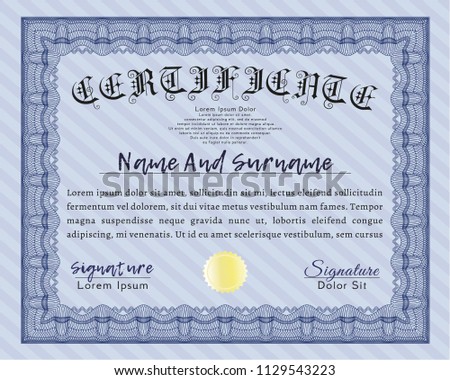 Blue Sample certificate or diploma. Elegant design. Customizable, Easy to edit and change colors. With great quality guilloche pattern. 