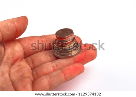 Poverty, beggar concept abstract background. Euro, set coins closeup with selective focus. Save money for retirement planning. Payment cache signs. Dreams of rich life