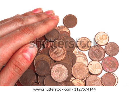 Poverty, beggar concept abstract background. Euro, set coins closeup with selective focus. Save money for retirement planning. Payment cache signs. Dreams of rich life
