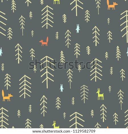Deers, fox, hare and fir-tree on a grey background.
Seamless pattern Christmas Trees.