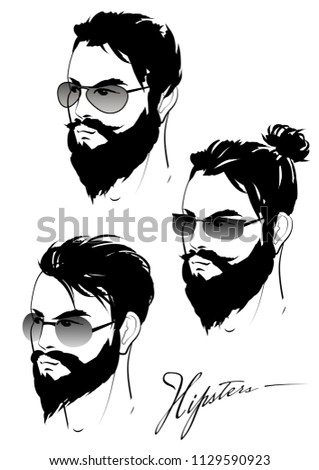 Set of men hipster in sunglasses. A set of men's faces with different hairstyles and beards. Vector illustration.