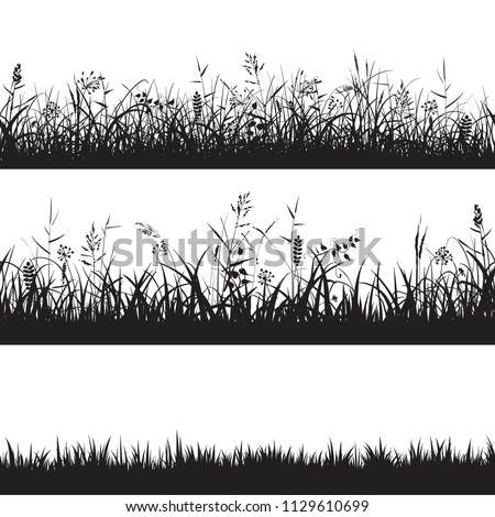 Set of grass seamless borders. Black silhouette of grass, spikes and herbs isolated on white backround. Hand drawn sketch style vector illustration.