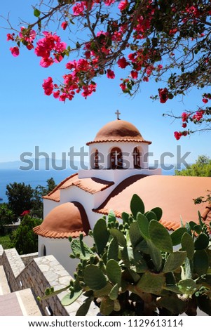 Beautiful Monastery of Agios Savvas located on top of a hill above Pothia Town, the capital of Kalymnos, Dodecanese, Greece