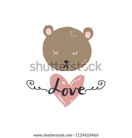 Cute hand drawn cute bear face. Nursery postcard template. Decor elements. Good for gifts. Clipart. Isolated vector illustration.