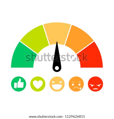 Color scale with arrow from red to green and the scale of emotions. The measuring device icon- sign tachometer, speedometer, indicators. Vector illustration.