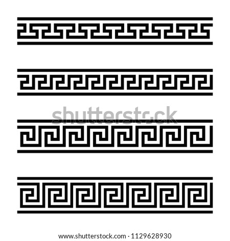 Four seamless meander designs. Meandros, a decorative border, constructed from continuous lines, shaped into a repeated motif. Greek fret or Greek key. Black and white illustration over white. Vector. Royalty-Free Stock Photo #1129628930