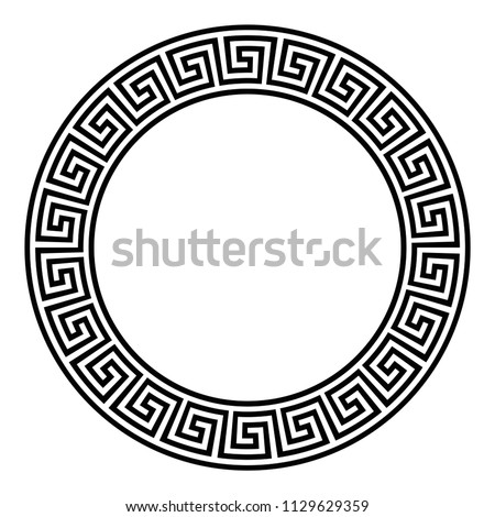 Circle frame with seamless meander pattern. Meandros, a decorative border, constructed from continuous lines, shaped into a repeated motif. Greek fret or Greek key. Illustration over white. Vector. Royalty-Free Stock Photo #1129629359