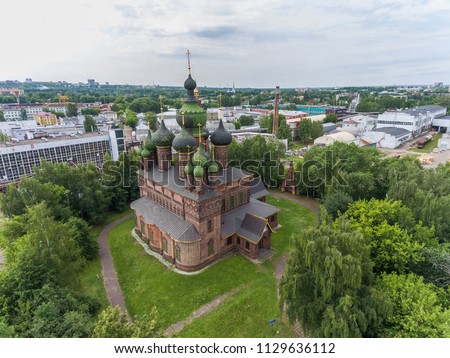 Aerial photography of the Church of St. John the Baptist in Tolchkovo, Yaroslavl, top view
