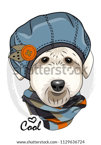 Vector dog with blue hat and checkered scarf. Hand drawn illustration of dressed dog.