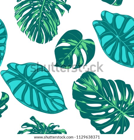 Seamless Vector Tropical Pattern. Monstera Palm Leaves and Alocasia. Jungle Foliage with Watercolor Effect. Exotic Hawaiian Textile Design. Seamless Tropical Background for Fabric, Dress, Paper, Print
