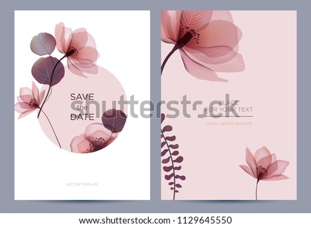 Wedding invitation in the botanical style. Pink flowers on a white background. Background for the invitation, shop, beauty salon, spa.  Royalty-Free Stock Photo #1129645550