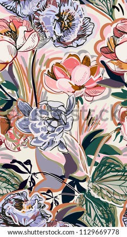 colorful vector design flower art painting decoration wallpaper seamless pattern garden peony Royalty-Free Stock Photo #1129669778