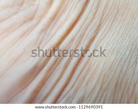 Wrinkles in asian skin in deep layers. Skin repair and treatment concept for elderly and aged people.Closeup human skin texture.Fair in blurred,Soft focus Royalty-Free Stock Photo #1129690391