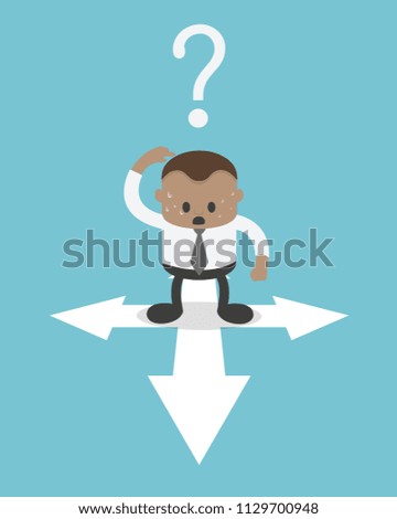 Business Concept Cartoon African businessman at crossroads in uncertainty concept