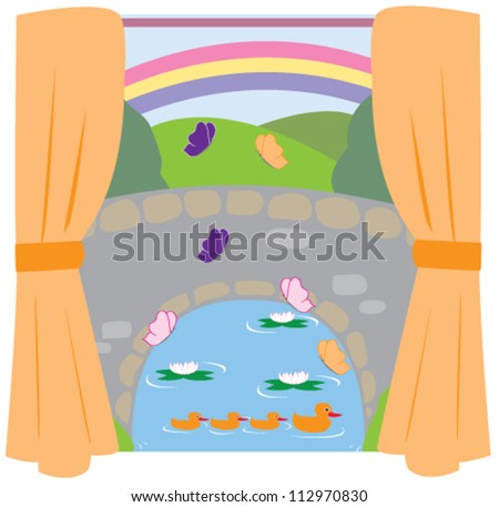 Illustration design of a window with a stone arch bridge over a stream suitable for wallpaper or sticker