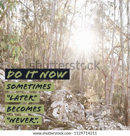 Inspirational motivational quote "Do it now. Sometimes later becomes never." with mountain and sun background. 