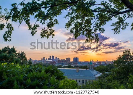 colorful sunset overlooking downtown minneapolis minnesota USA. urban, city scape during blue hour