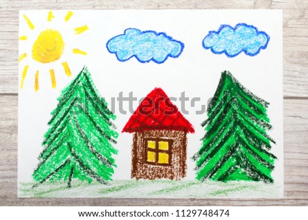 Photo of colorful drawing: small house surrounded by coniferous trees. House with red roof in forest.