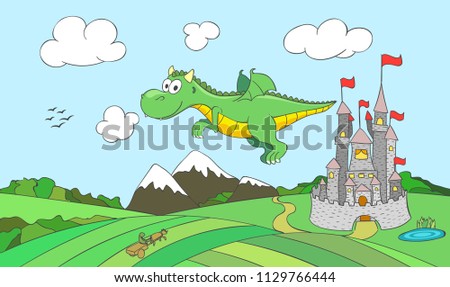 Cute flying dragon with castle on background. Cartoon vector illustration for children.