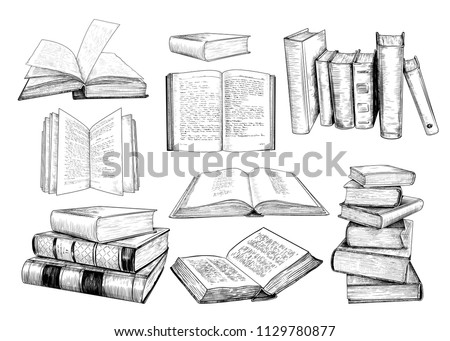 
A collection of  books sketches .Various books in vintage style. Hand-drawn vector design elements. Clipart.
