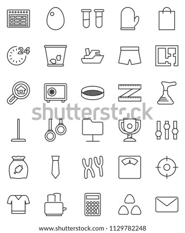 thin line vector icon set - plunger vector, mop, trash bin, cook glove, toaster, sieve, cereal, egg, schedule, award cup, calculator, tie, safe, measuring, scales, shorts, t shirt, gymnast rings