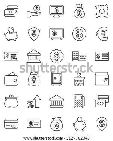 thin line vector icon set - school building vector, bank, credit card, wallet, percent growth, money bag, piggy, investment, check, receipt, dollar medal, safe, monitor, any currency, euro sign