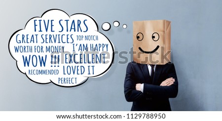 Customer Experience Concept. Happy Businessman Client with Smiley Emotion Face on Paper Bag, Crossed arms and looking at Wording of Positive Reviews on Think Bubble