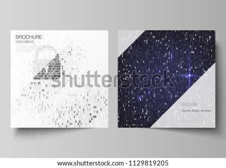 The minimal vector layout of two square format covers design templates for brochure, flyer, magazine. Binary code background. AI, big data, coding or hacker concept, digital technology background.
