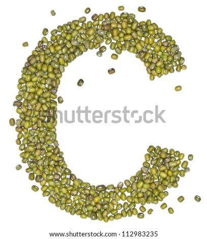 C,alphabet form green beans on white.